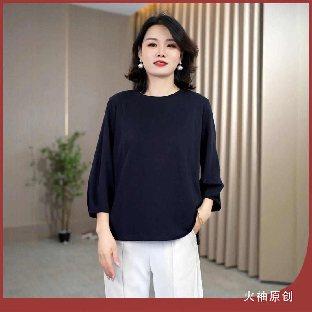 火袖G1600中老年气质圆领上衣女早秋新款宽松显瘦妈妈装洋气小衫