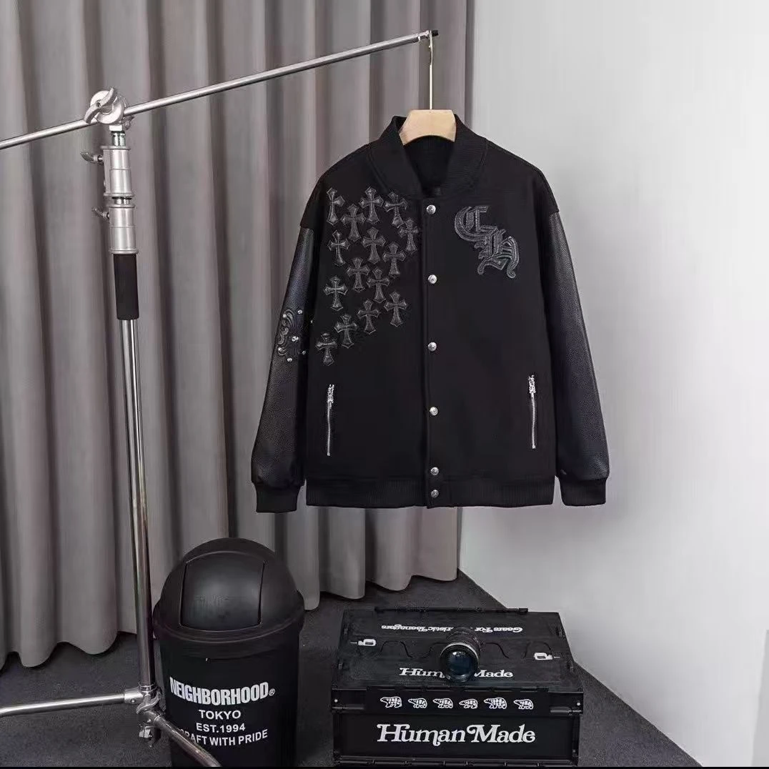 秋冬季潮牌十字架外套男长袖拼皮暗黑系棒球服皮夹克开衫情侣外套