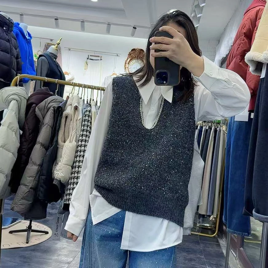 春秋冬学院风减龄设计亮星针织马甲马夹V领无袖上衣衬衫单搭叠穿