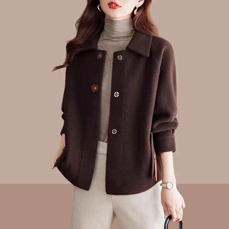 洋气高贵翻领女士加厚外套新款秋冬时尚休闲宽松上衣外搭毛呢开衫