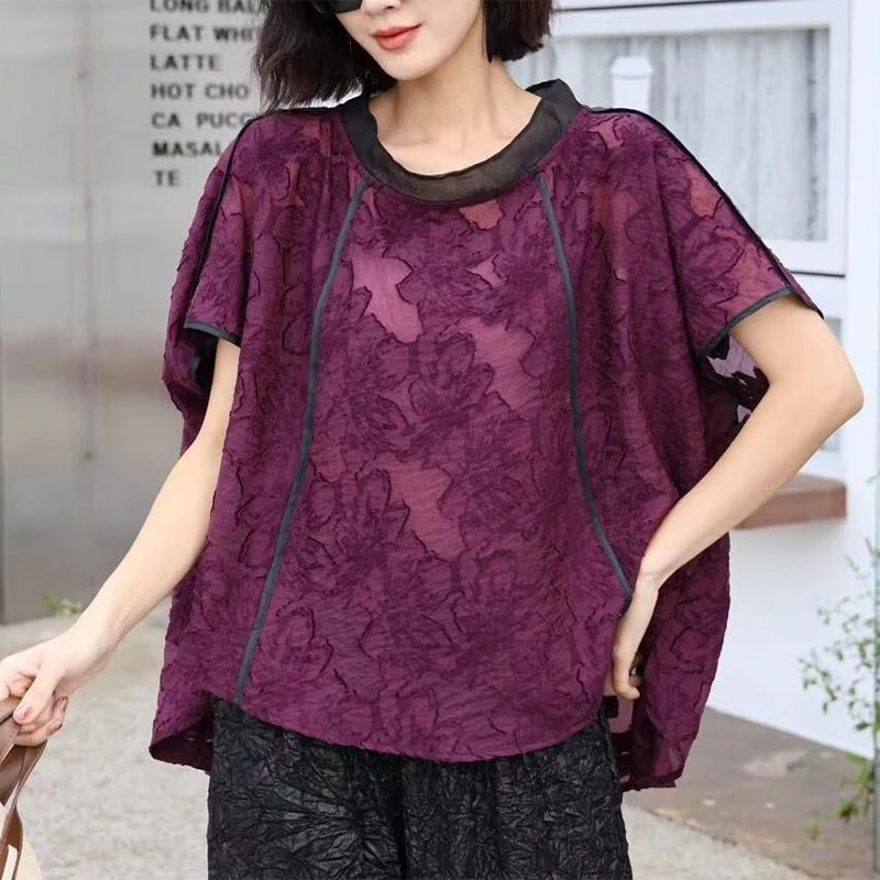 新中式国风立领紫色衬衫女夏季时尚宽松显瘦独特别致小衫短袖上衣