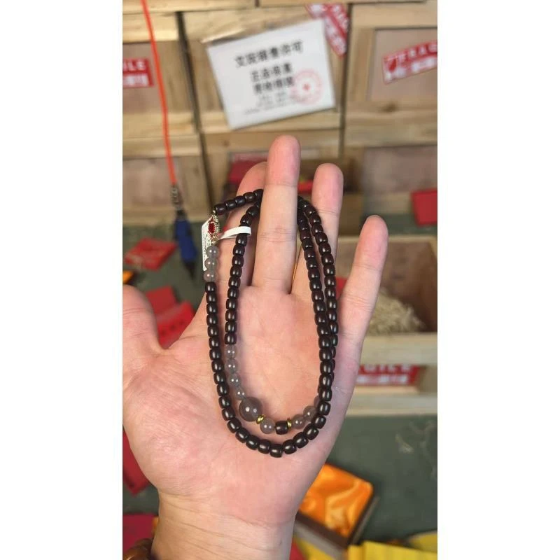 纯铜石英石手链 S1080-小叶紫檀5mm桶珠双圈加红色四叶草铜配饰