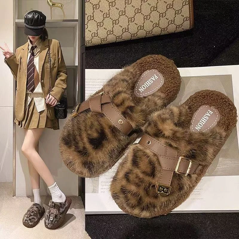 【万达清仓】包头豹纹毛毛拖鞋女生秋冬外穿2025网红加绒加厚棉鞋叶