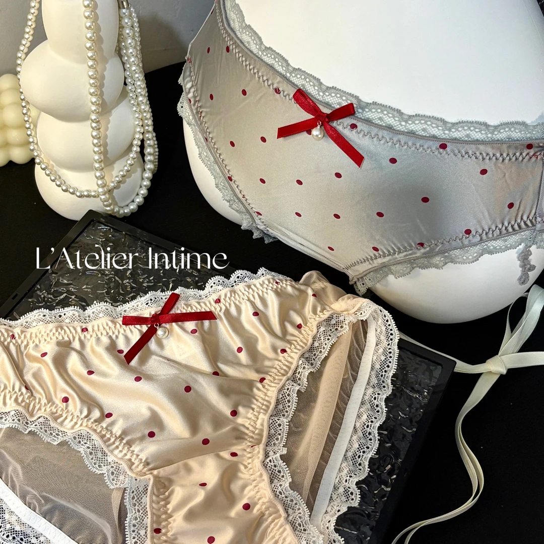 L’Atelier Intime樱桃红日系低腰波点蕾丝边透气少女甜美三角内裤