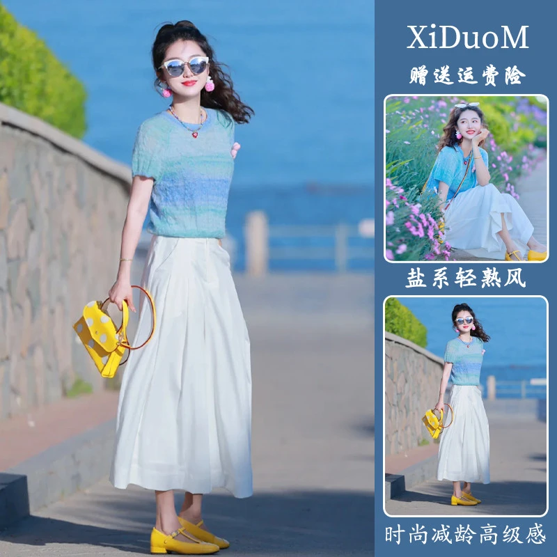 今年流行的夏装女2025新款小个子多巴胺拼色上衣休闲减龄两件套装