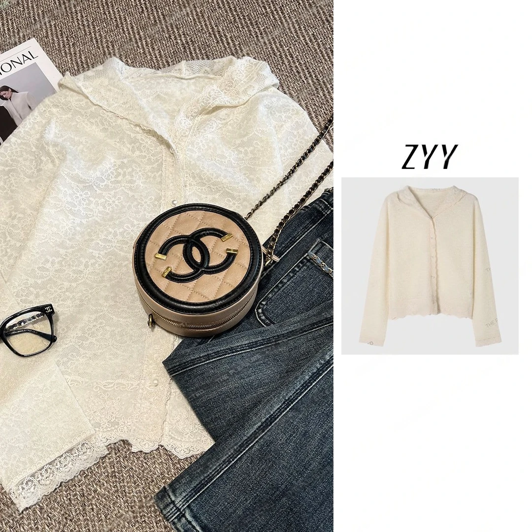 ZYY【淡人度假】2025/S新品早秋蕾丝拼接针织开衫帽衫女X25QZZ03346