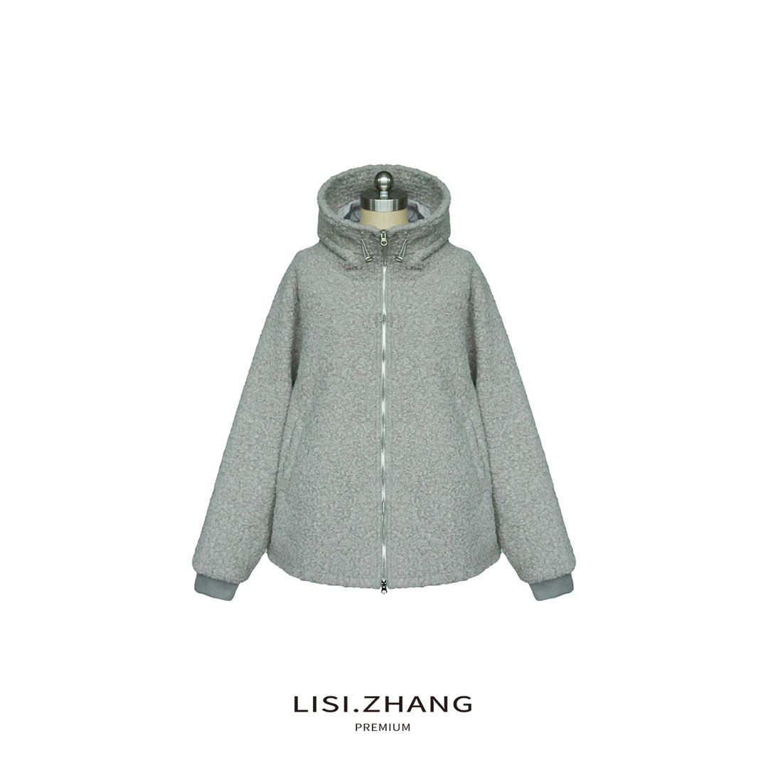 LISI.ZHANG--【颗粒绒毛呢外套】连帽厚款后背字母宽松休闲毛呢外套