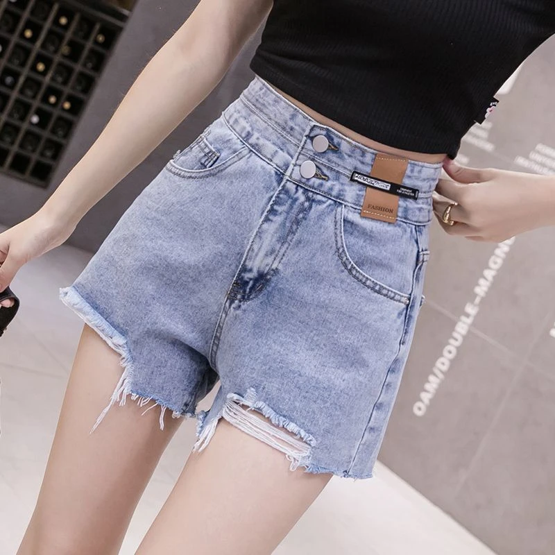 毛边牛仔短裤女夏2025双扣高腰显瘦宽松a字版破洞阔腿辣妹热裤ins