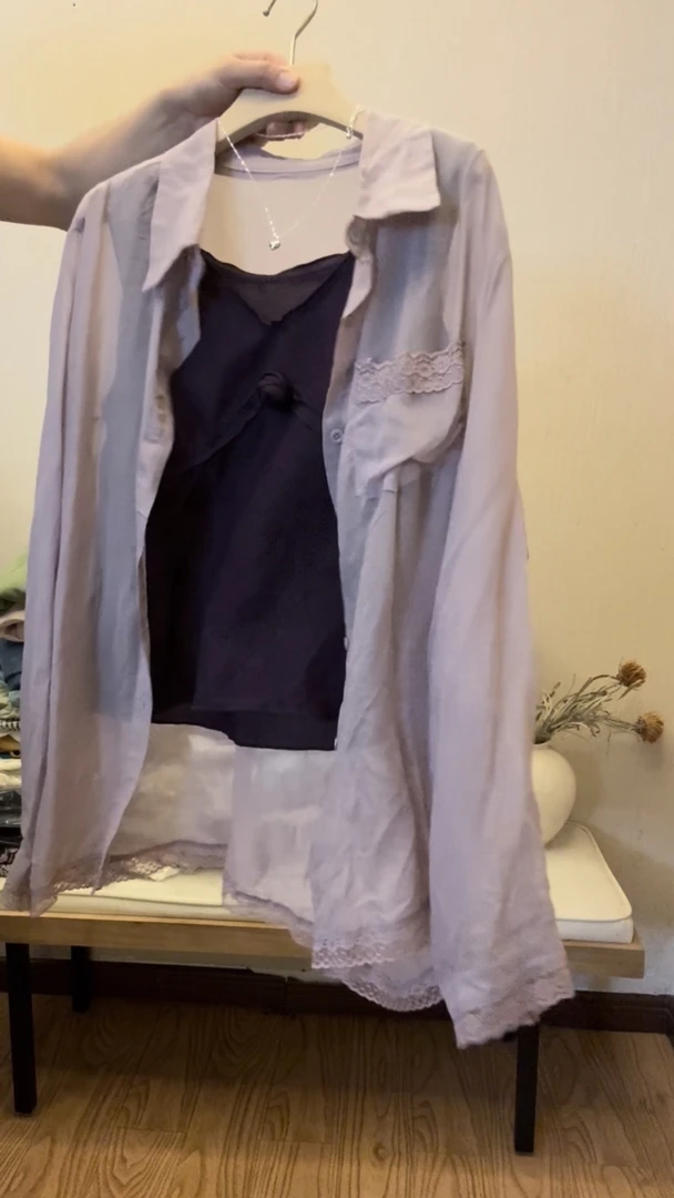 韩系穿搭气质自由慵懒带口袋轻柔精致拼接蕾丝衬衫防晒