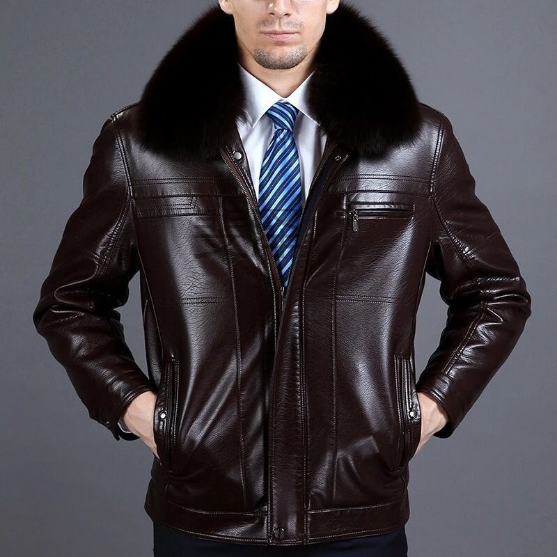 男士皮夹克毛领加绒真冬季中老年好外外套短款翻领带加厚皮衣