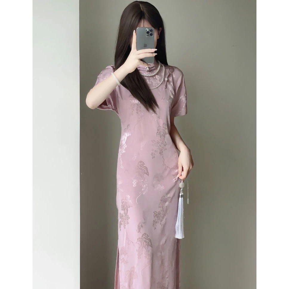 旗袍少女2025年夏季民国风新中式无省长款曳地立领开叉古风连衣裙