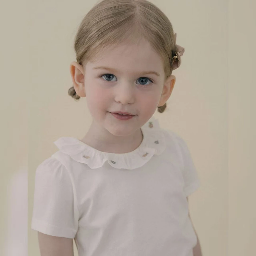 出口韩单  susu25夏女童宝宝刺绣领白色短袖T恤