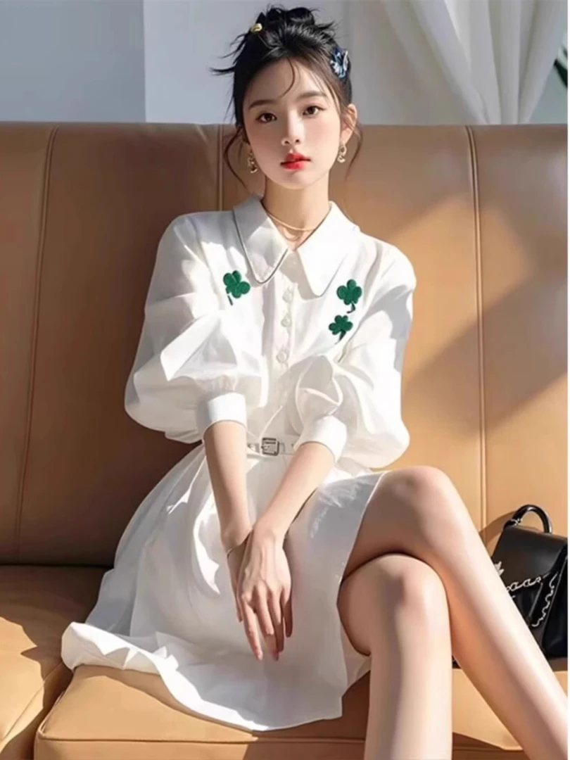 法式白色印花衬衫连衣裙女夏季2025新款洋气显瘦小洋装气质短裙子