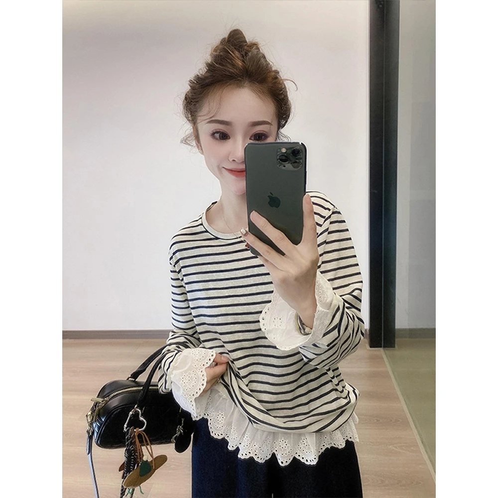 蕾丝镂空花边拼接条纹长袖T恤打底衫女2025春季新款叠穿内搭上衣