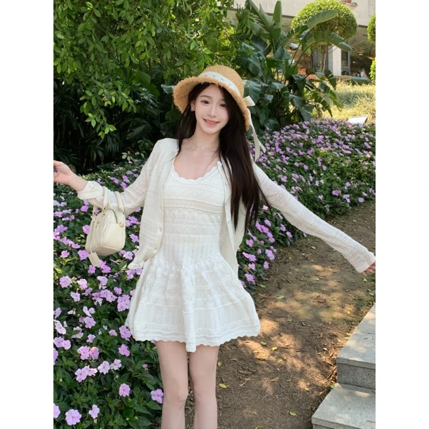 【梦梦服饰】韩系纯欲清纯少女镂空花边连衣裙+v领针织开衫