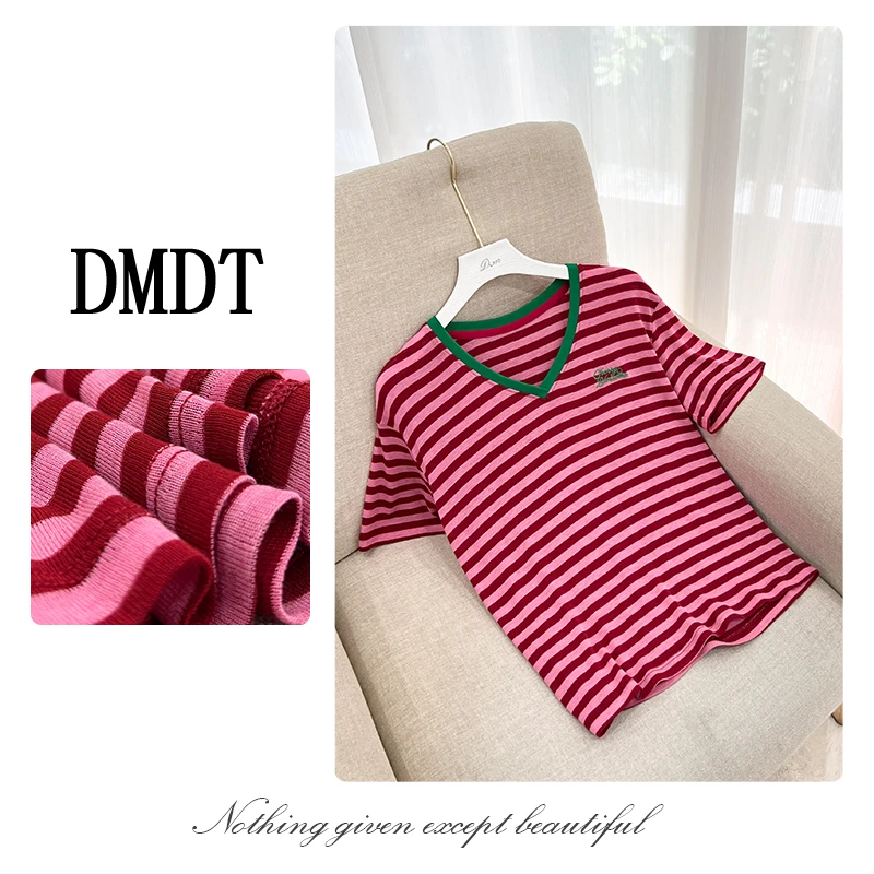 【DMDT潮牌】2025夏季新品 “松弛感穿搭”V领条纹短袖女撞色T恤T5481