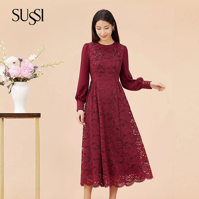 古色SUSSI/古色秋季专柜同款酒红蕾丝灯笼袖收腰显瘦连衣裙女婚宴