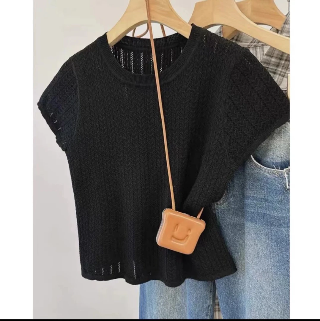 镂空短款百搭套头休闲风休闲毛针织衫圆领夏季