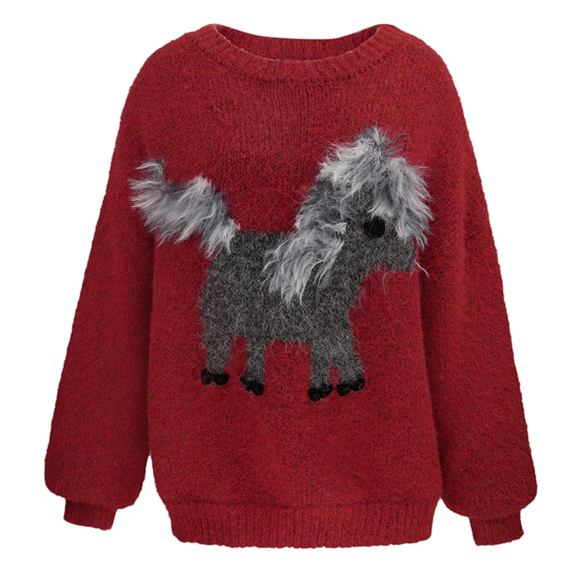 JUNGLE ME秋冬圆领小马喜庆红色长袖保暖毛衣加厚慵懒风圆领套头