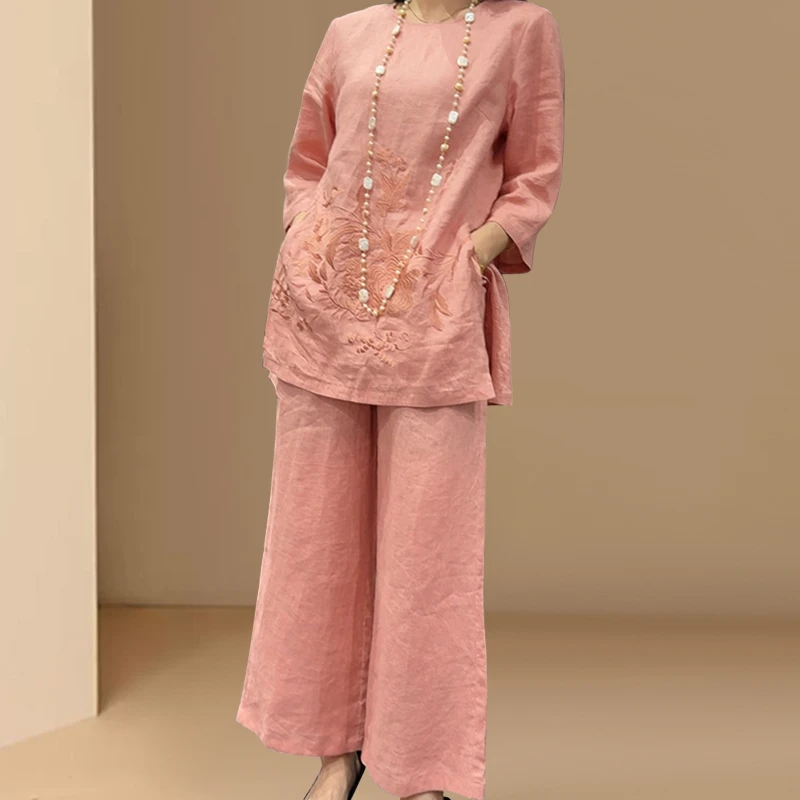 纯色重工刺绣七分袖衬衫2025年夏季新款新中式上衣裤子两件套潮