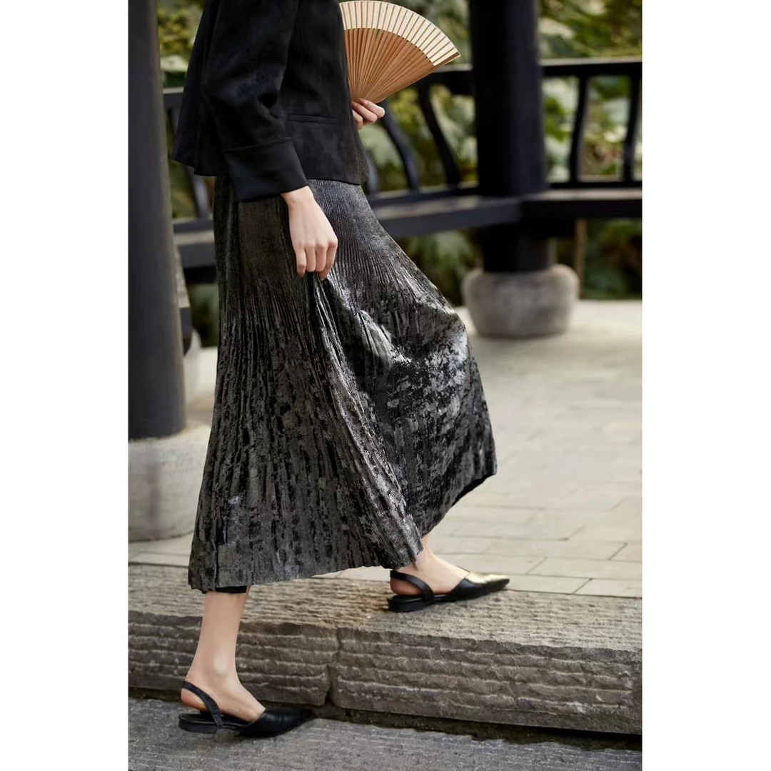 特！门店24&9！奢贵隐闪，垂感百褶休闲女式半身裙 L42878