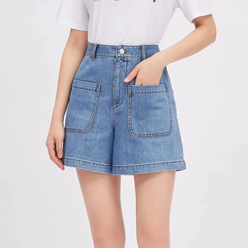 【商场同款】弹力口袋牛仔短裤夏新款休闲纯色高腰直筒热裤1100283