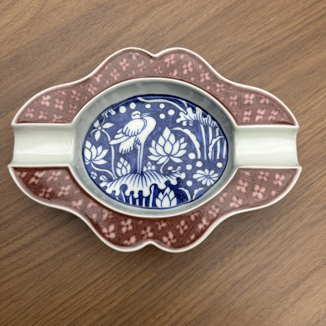 雲廬甄选  纯手绘青花釉里红双拼一鹭莲科雪茄缸