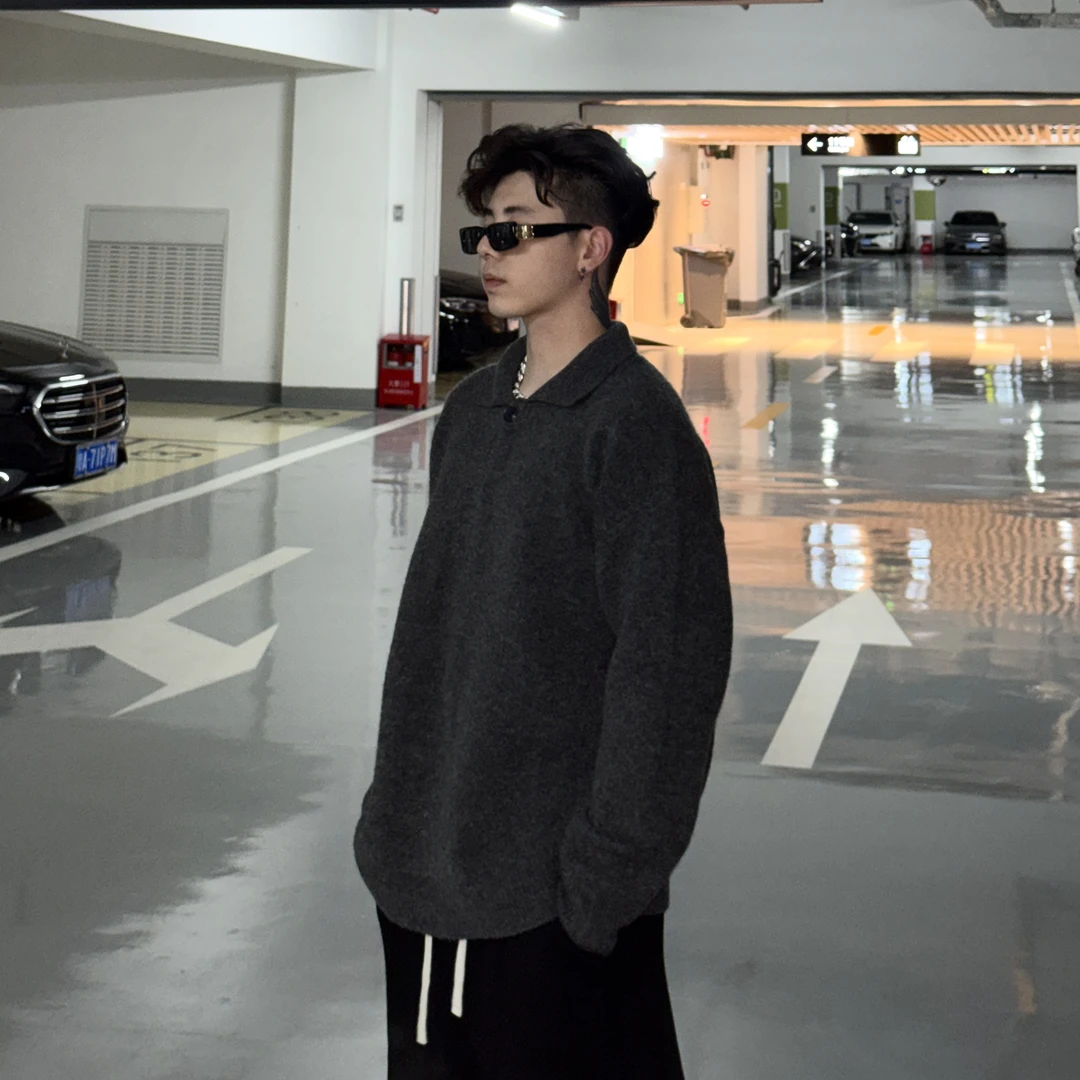 【YUZE】冬季松弛感翻领针织毛衣简约百搭慵懒纯色男款加厚打底403