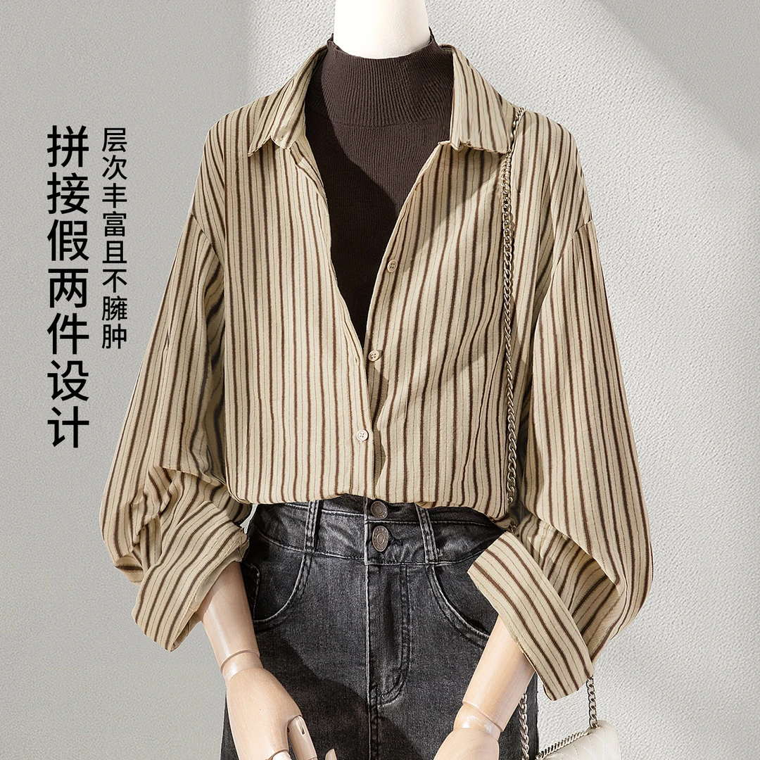 丝柏舍秋装亚麻气质条纹长袖翻领衬衫女生韩系ins衣服S53X5010C