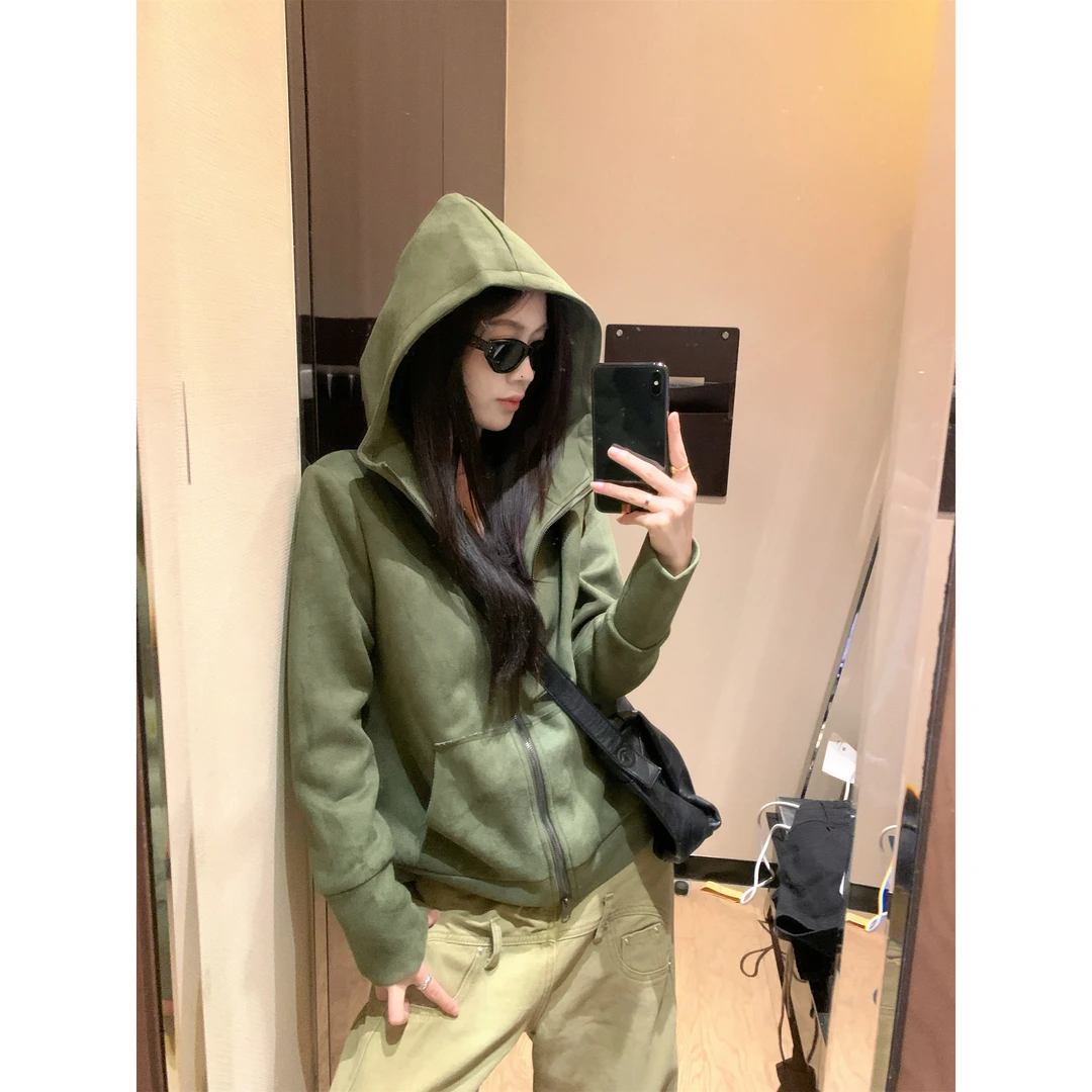 美式复古绿色连帽卫衣外套女装秋季cleanfit拉链开衫短款休闲上衣