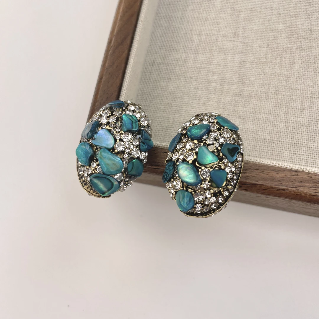 铜合金耳饰  手工气质蓝色轻奢时尚中古耳钉耳扣