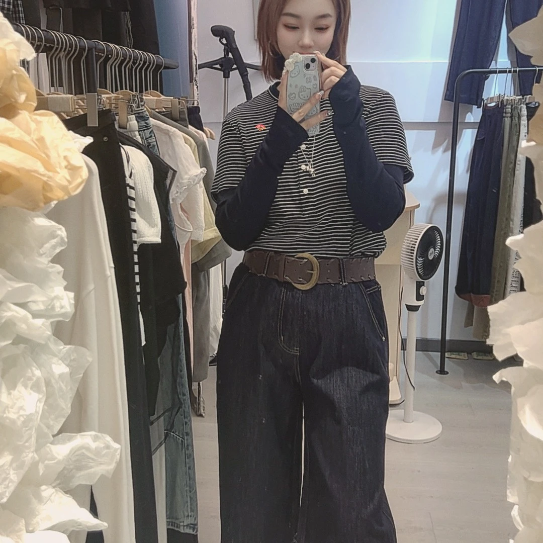 修身条纹假两件T恤