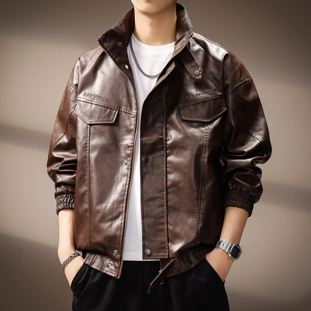 高端美式潮牌高街立领PU皮衣外套男秋季痞帅机车服宽松百搭上衣男