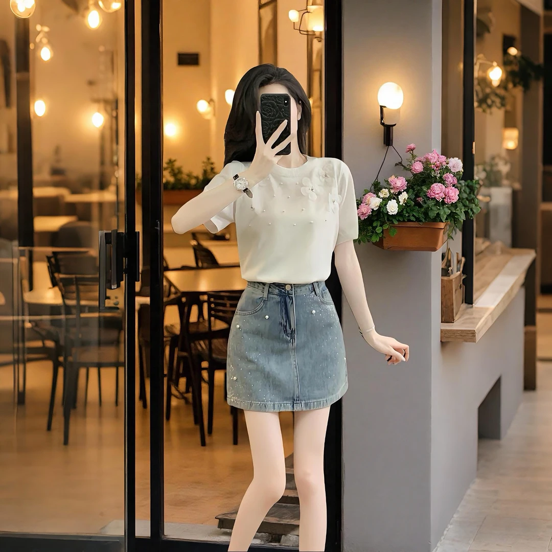 小香风时尚洋气炸街白色毛衣套装裙夏季新款小个子高腰显瘦包臀裙