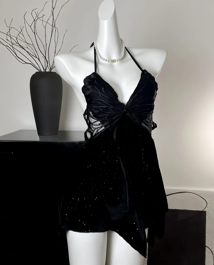 MissBird 【晶闪蝶】法式高级气质烫钻性感丝绒蝴蝶吊带睡裙