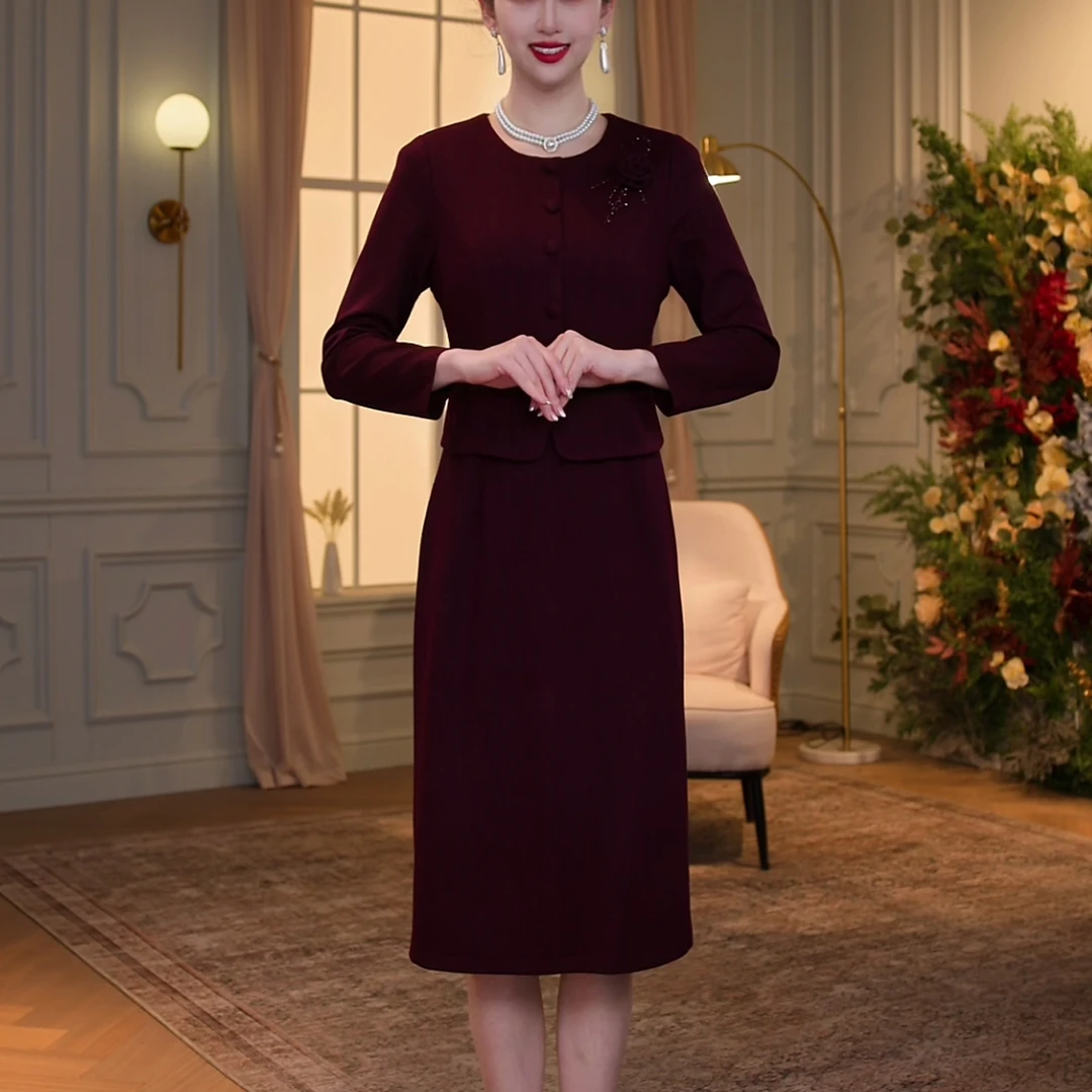 【香妮芬】83266春季新款安可拉红显瘦假两件女装连衣裙秋冬连衣裙