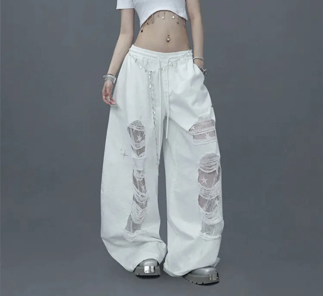 25831蕾丝贴布破洞跳舞长裤阔腿宽松欧美设计感休闲百搭潮流