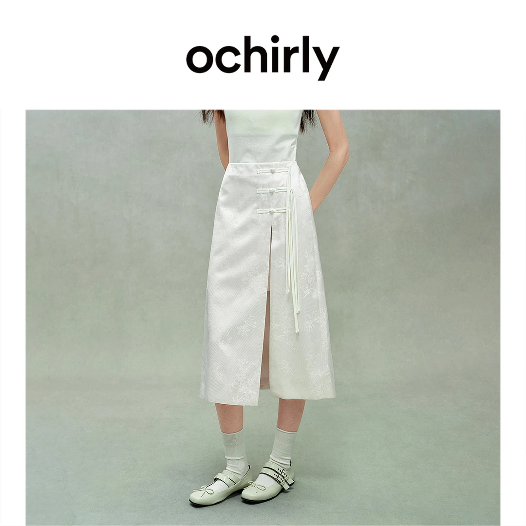 ochirly欧时力新中式缎面提花半身裙中长款盘扣25春欧若新中式
