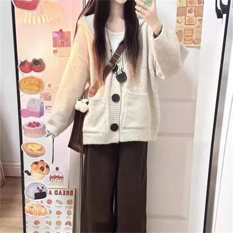 连帽001-093-78编码宽松慵懒风针织开衫女春秋软糯纯色长袖