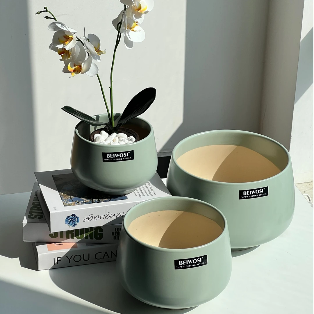 【光滑圆肚花盆-豆绿】陶瓷花盆简约北欧ins风多肉蝴蝶兰绿植花盆