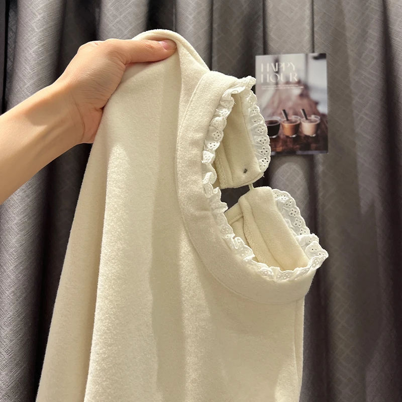 秋冬季穿搭半高领蕾丝长袖打底衫女洋气德绒加厚加绒内搭外穿上衣