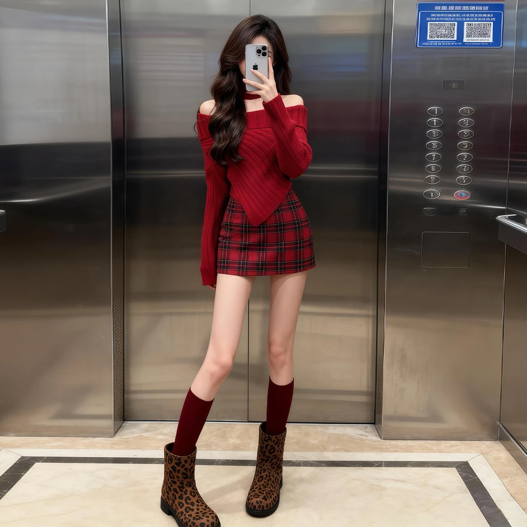 2025跨年穿搭冬季红色针织一字肩毛衣连衣裙子两件套包臀短裙套装