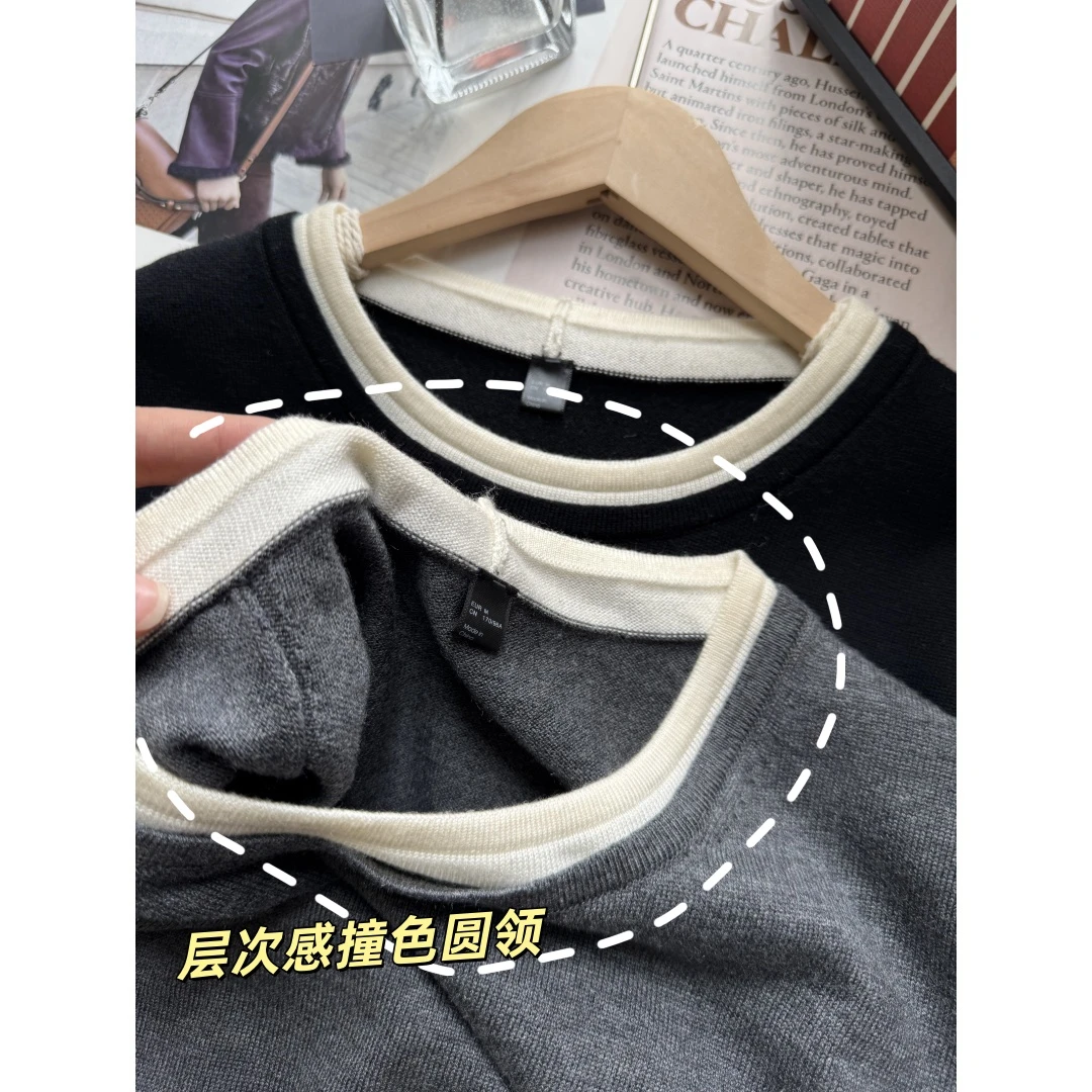 「层次假两件」层次感撞色圆领长袖针织羊毛衫假两件显瘦百搭Q0465