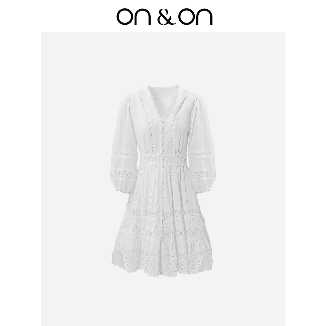 ON&ON/安乃安2025秋冬新款度假风V领镂空钩花连衣裙 -N5SW16286
