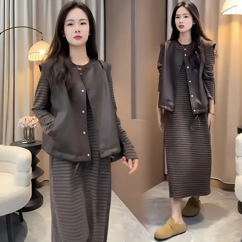 官图 韩系复古皮衣马甲条纹连衣裙套装女2025春秋宽松显瘦两件套