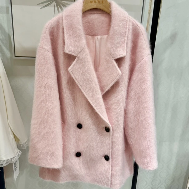 “樱花绒雾”一手长减龄千金感贵气羊绒羊毛大衣32192