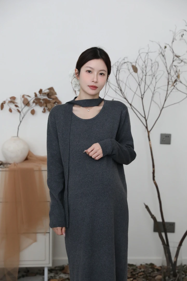 senenmu 领口飘带针织裙 秋冬新款显瘦百搭气质孕妇装连衣裙