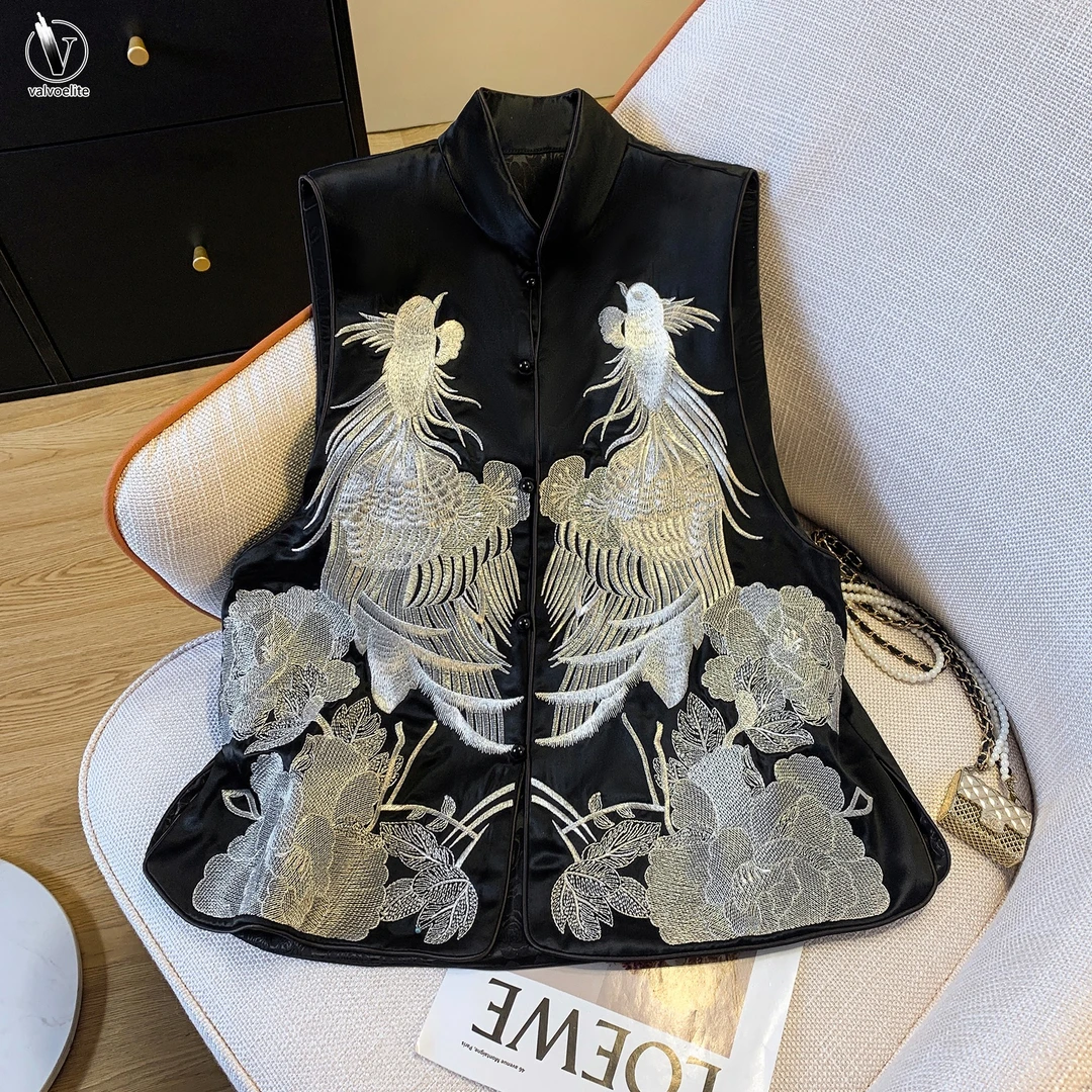 VALVOELITE缎面马甲背心女夏轻奢新中式国风重工刺绣坎肩外搭上衣