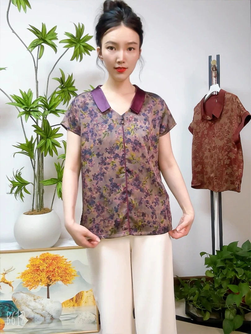 夏季新款碎花翻领短袖妈妈装宽松透气时尚气质显瘦