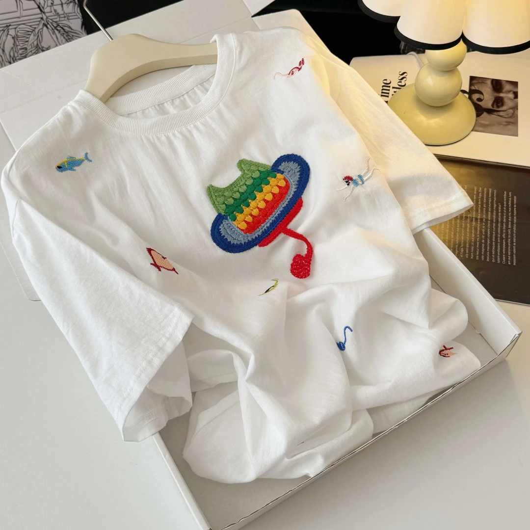 海底世界白色T恤女性宽松型休闲夏季常规款少女风上衣DP7786